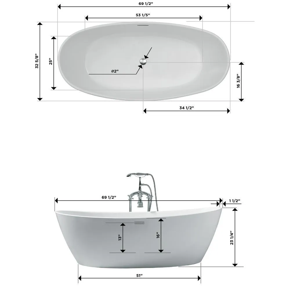 70 in. Acrylic Center Drain Oval Flat Bottom Freestanding Bathtub in White, photo 6 of 8