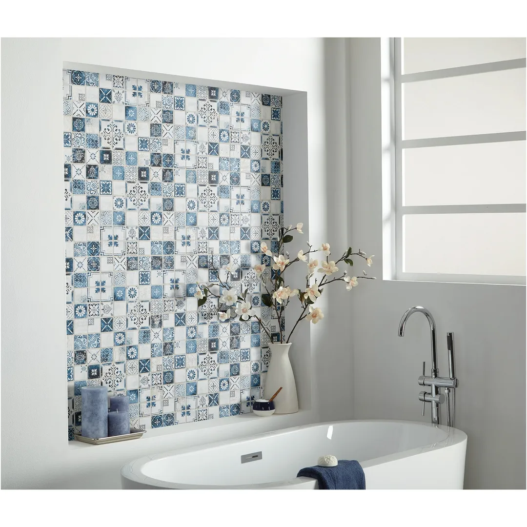 American Olean Genuine Stone Moroccan Blue 12-in x 12-in Glazed Travertine Mosaic Wall Tile, 0.97-sq ft Sheet, photo 6 of 6