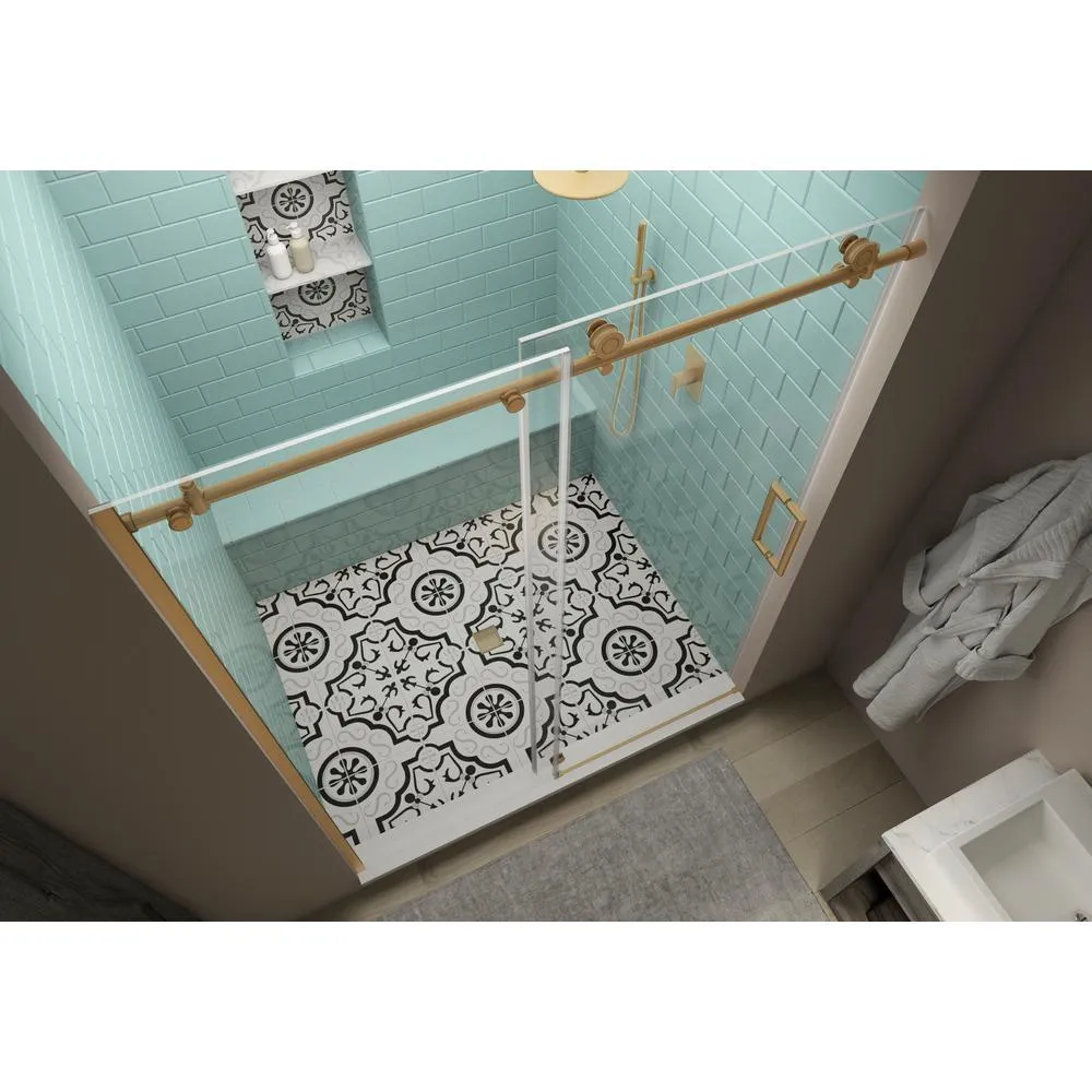 Coraline XL 56 - 60 in. x 80 in. Frameless Sliding Shower Door with StarCast Clear Glass in Brushed Gold Right Hand, photo 2 of 22