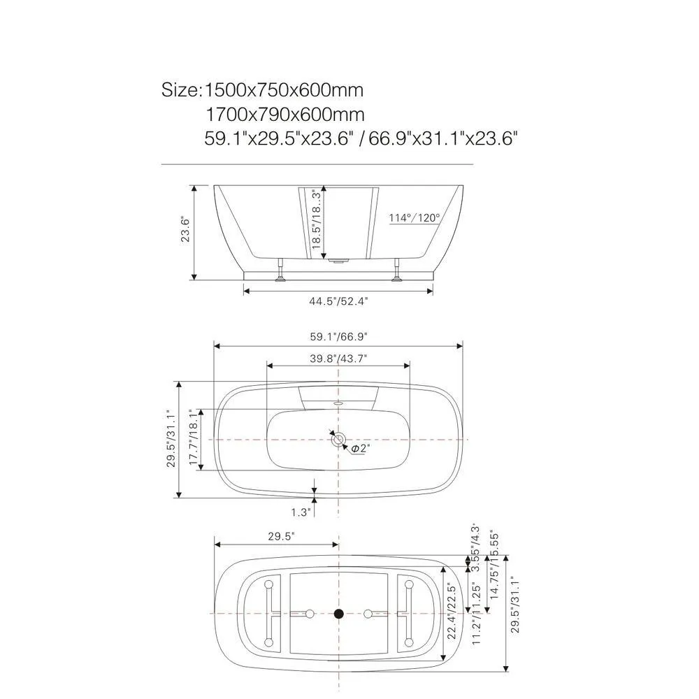 Toulon 59 in. Acrylic Flatbottom Freestanding Bathtub in White, photo 6 of 8