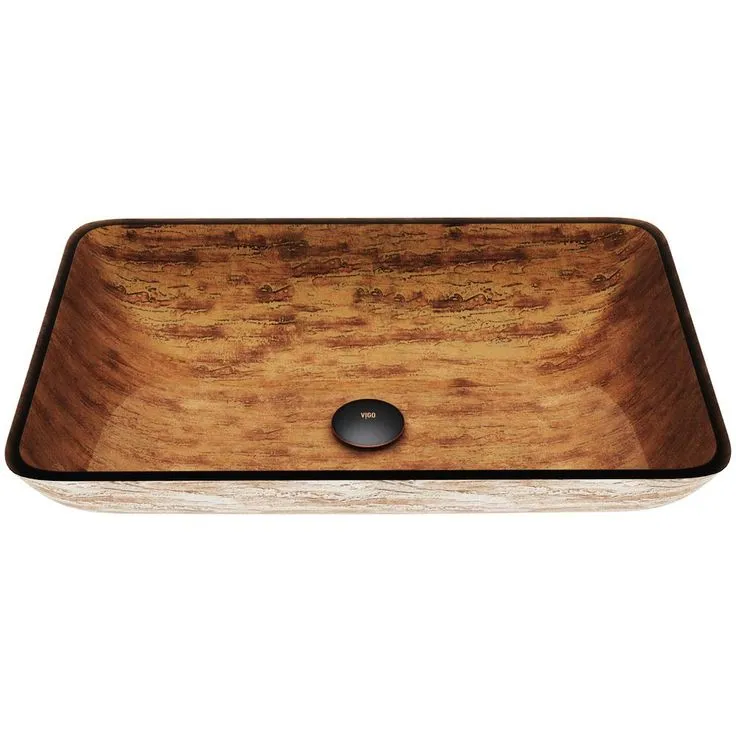 VIGO Amber Sunset Handmade Countertop Glass Rectangle Vessel Bathroom Sink in Light Wood, photo 6 of 8