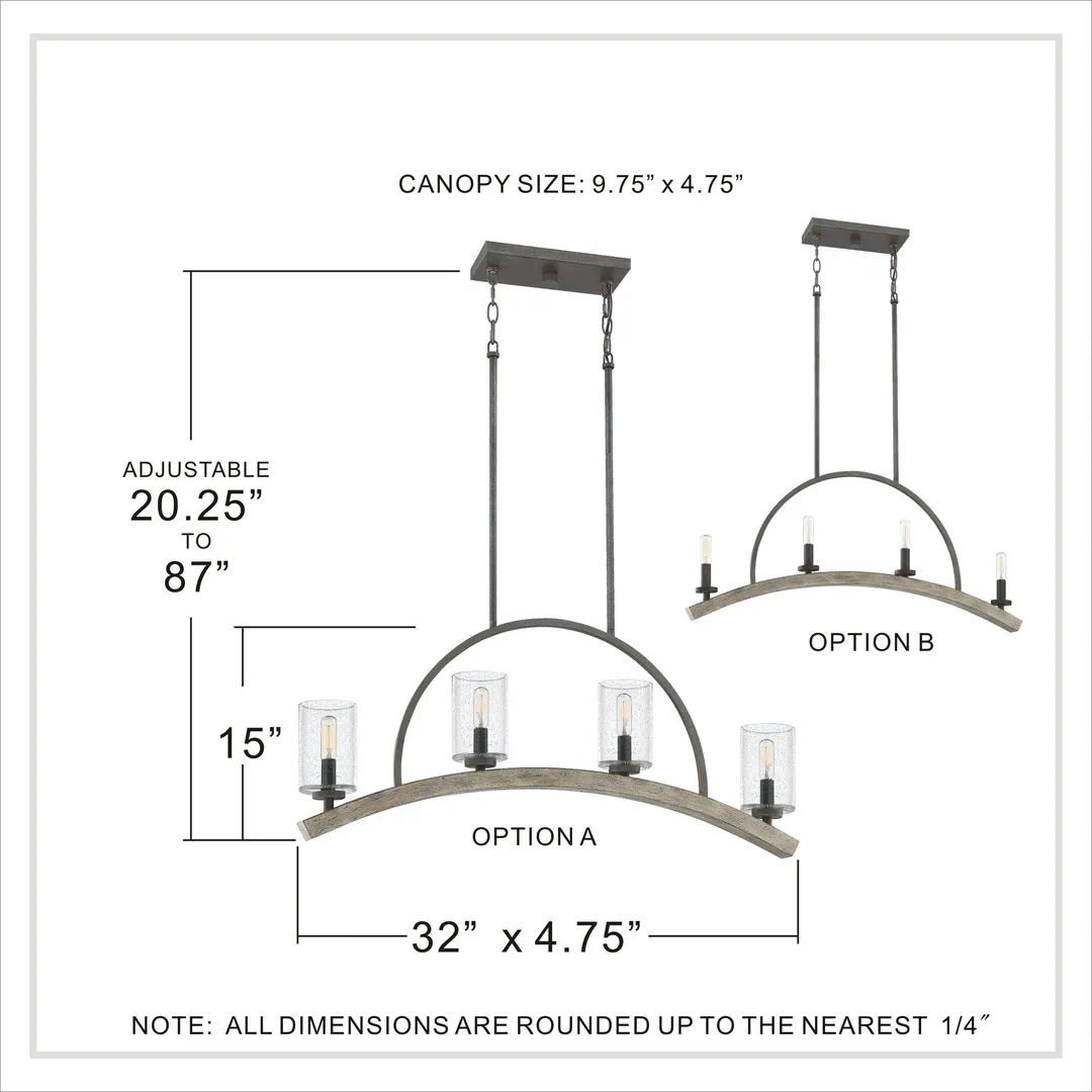 Quoizel Arley 4-Light Rustic Black and Faux Weathered Wood Farmhouse Chandelier, 32-in Linear, photo 14 of 14