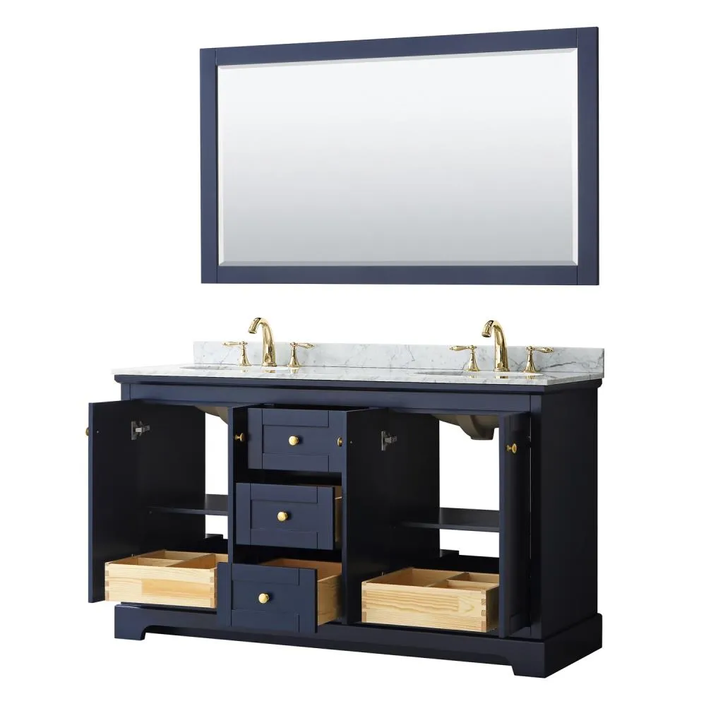 Wyndham Collection Avery 60-in Dark Blue Double Sink Bathroom Vanity with White Carrara Marble Natural Marble Top (Mirror Included), photo 6 of 8