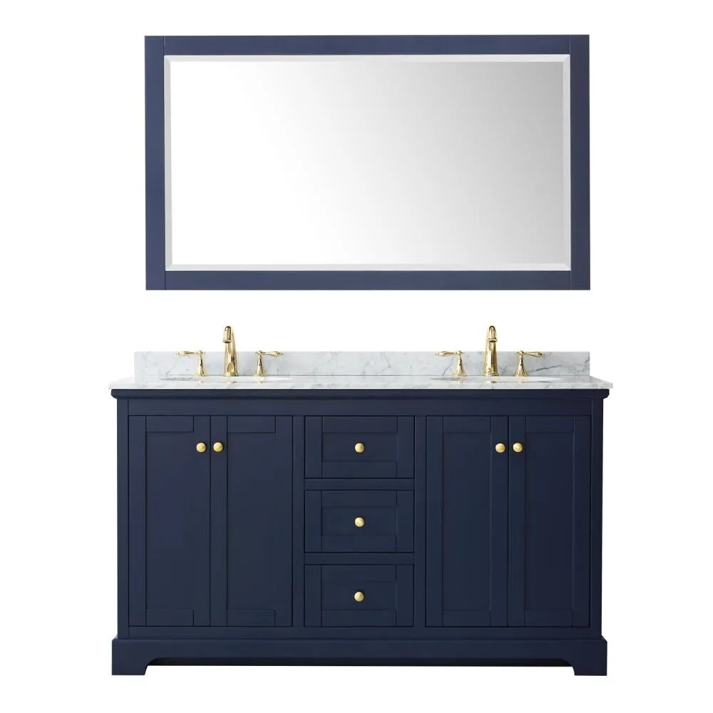 Wyndham Collection Avery 60-in Dark Blue Double Sink Bathroom Vanity with White Carrara Marble Natural Marble Top (Mirror Included), photo 7 of 8