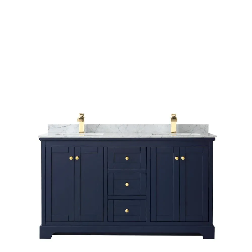Wyndham Collection Avery 60-in Dark Blue Double Sink Bathroom Vanity with White Carrara Marble Top, Brushed Gold Hardware, photo 6 of 6