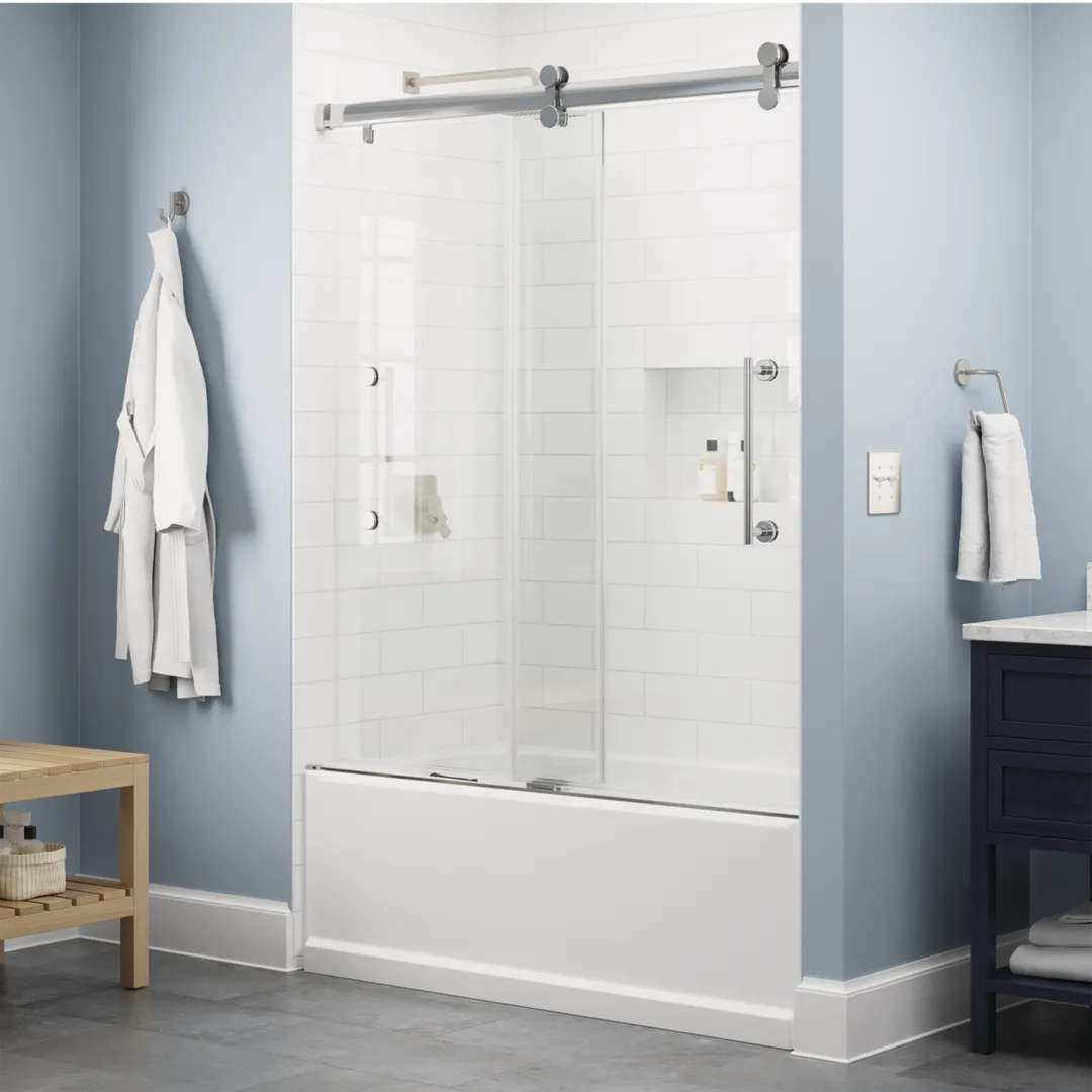 Delta Paxos 60 in. W x 62-1/4 in. H Frameless Sliding Bathtub Door in Matte Black with 5/16 in. (8mm) Tempered Clear Glass, photo 3 of 5