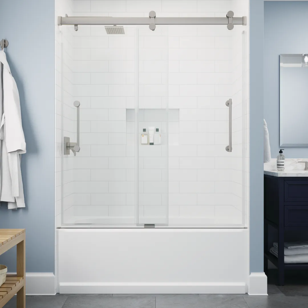 Delta Paxos 60 in. W x 62-1/4 in. H Frameless Sliding Bathtub Door in Matte Black with 5/16 in. (8mm) Tempered Clear Glass, photo 2 of 5