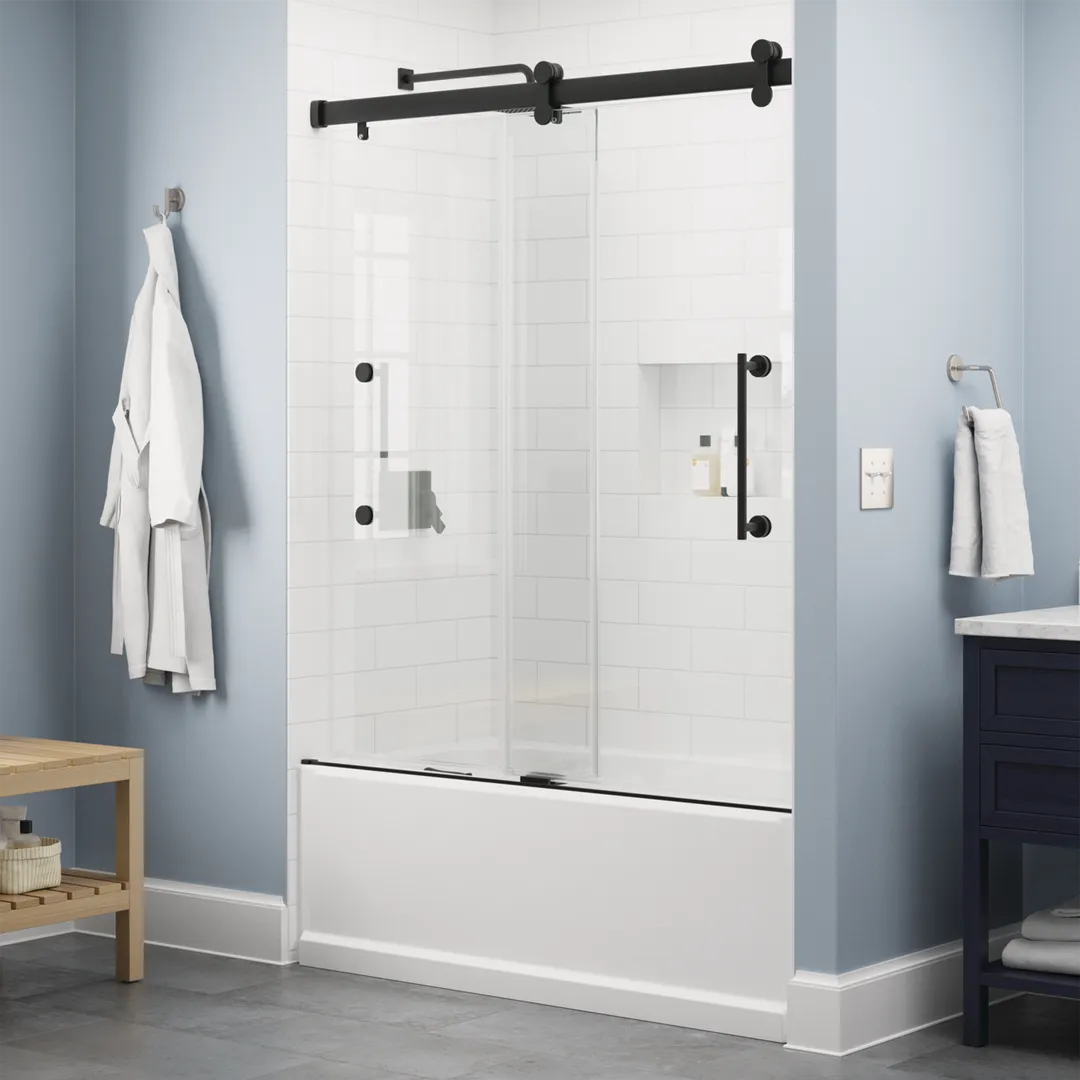 Delta Paxos 60 in. W x 62-1/4 in. H Frameless Sliding Bathtub Door in Matte Black with 5/16 in. (8mm) Tempered Clear Glass, photo 4 of 5