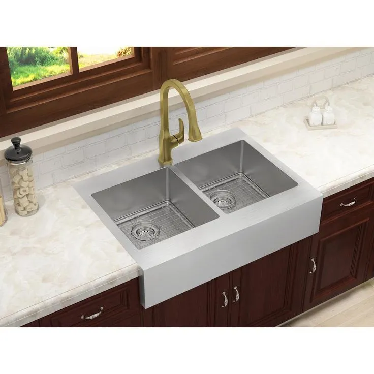 Brimley Retrofit Dual Mount Stainless Steel 33 in. 1-Hole 50/50 Double Bowl Flat Farmhouse Apron Front Kitchen Sink, photo 3 of 7