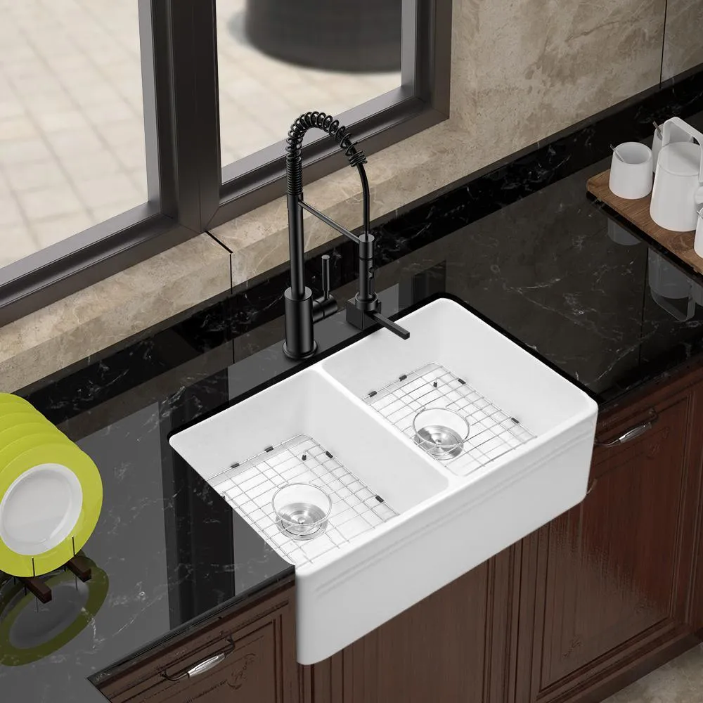 Fireclay 33 in. 50/50 Double Bowl Farmhouse/ Apron-Front Porcelain Ceramic Kitchen Sink in White, photo 7 of 8