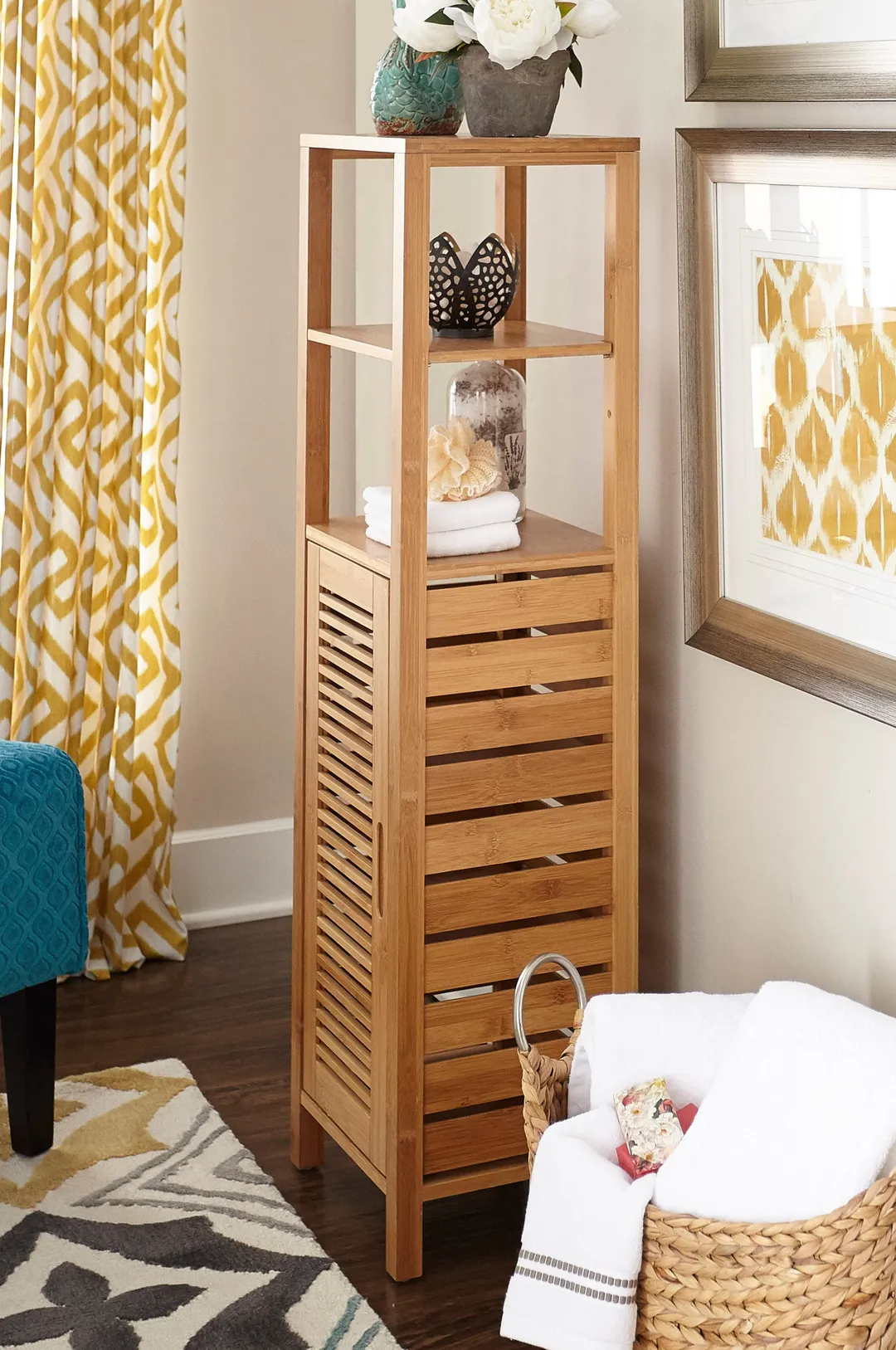 Linon Bracken Mid Cabinet 13-in x 46.5-in x 11-in Natural Bamboo Wood Freestanding Linen Cabinet, photo 4 of 9