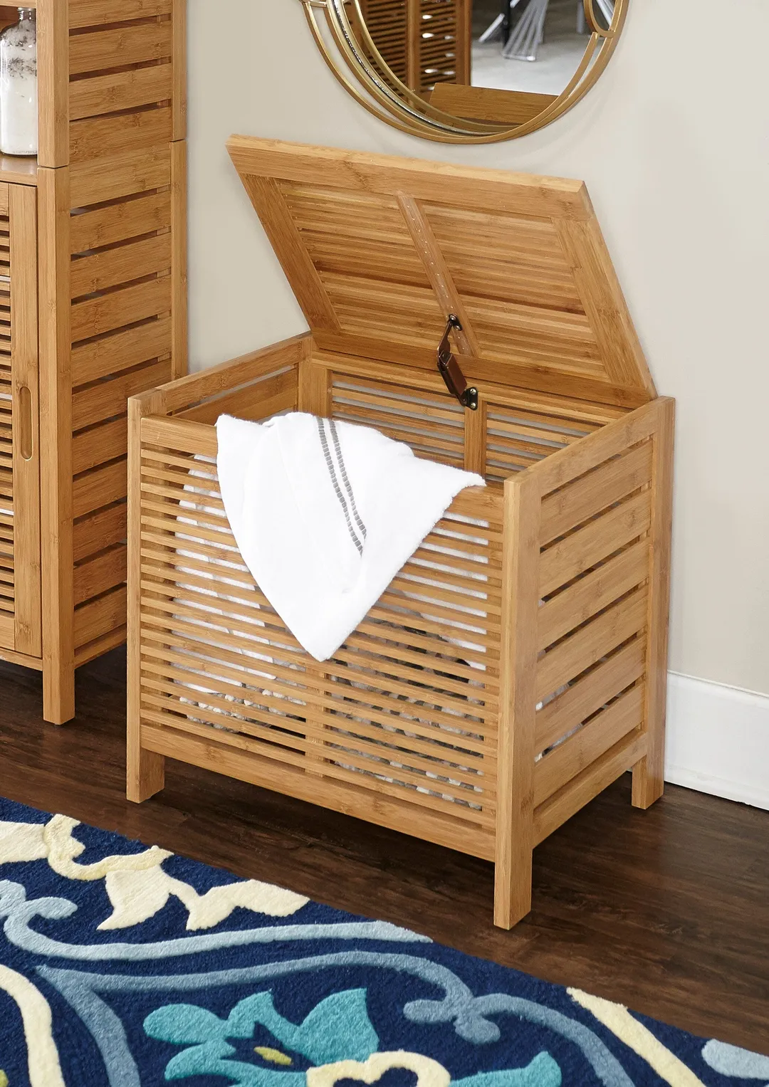Linon Bracken Bamboo Hamper 21.75-in x 20.25-in x 15.2-in Natural Bamboo Wood Freestanding Linen Cabinet, photo 3 of 7