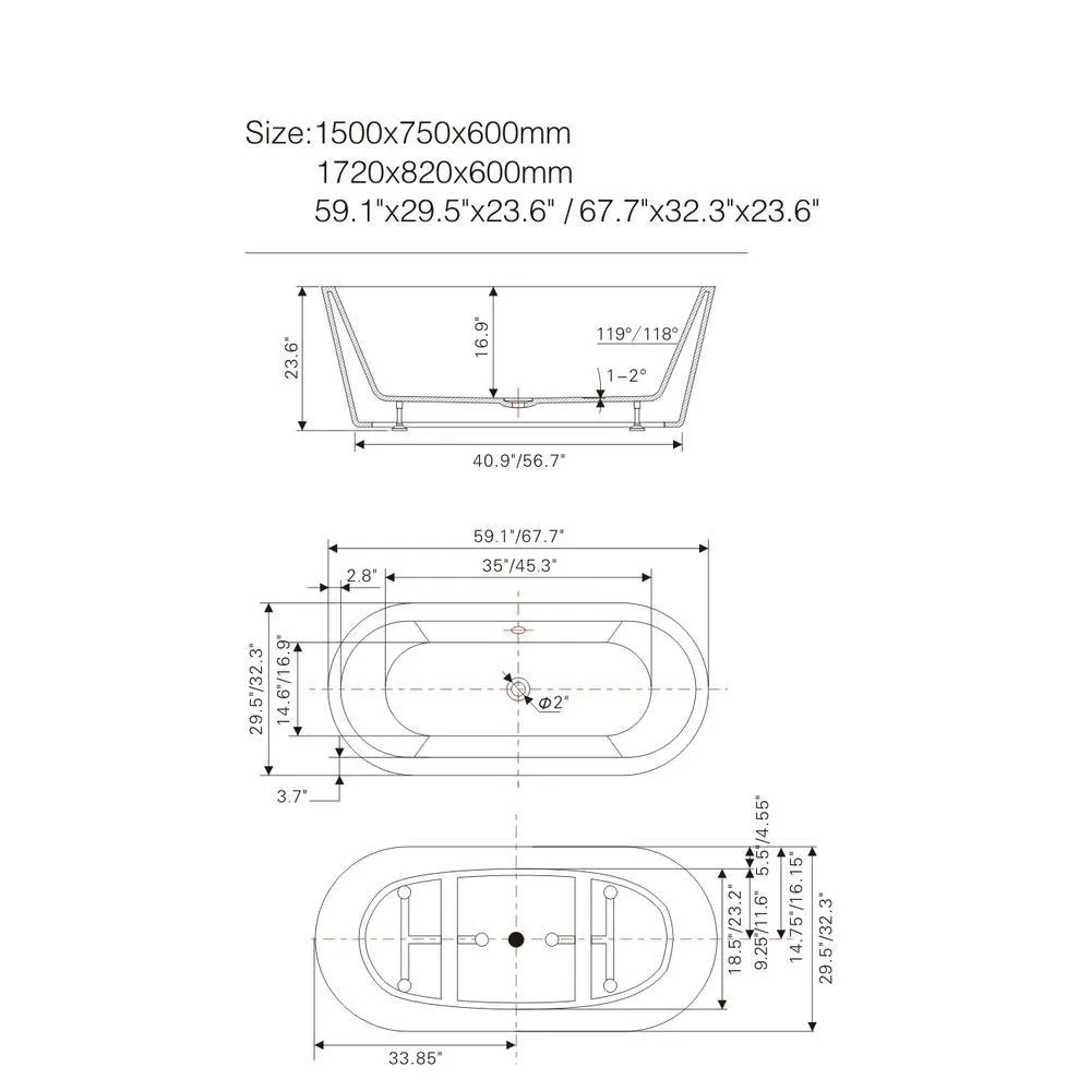 Lorient 59 in. Acrylic Flatbottom Freestanding Bathtub in White, photo 7 of 10