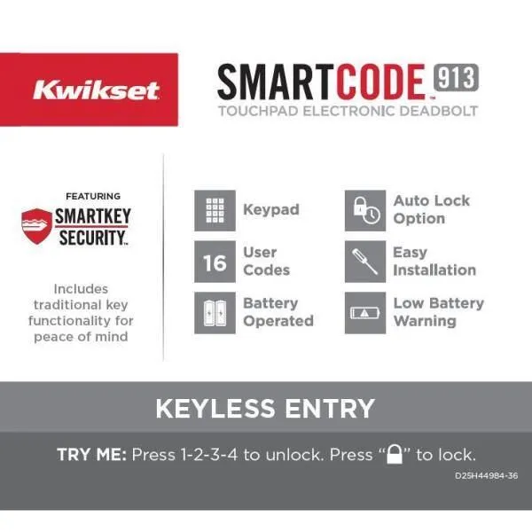 Kwikset SmartCode 913 Touchpad Venetian Bronze Single Cylinder Electronic Deadbolt with Avalon Handleset and Tustin Lever, photo 5 of 8