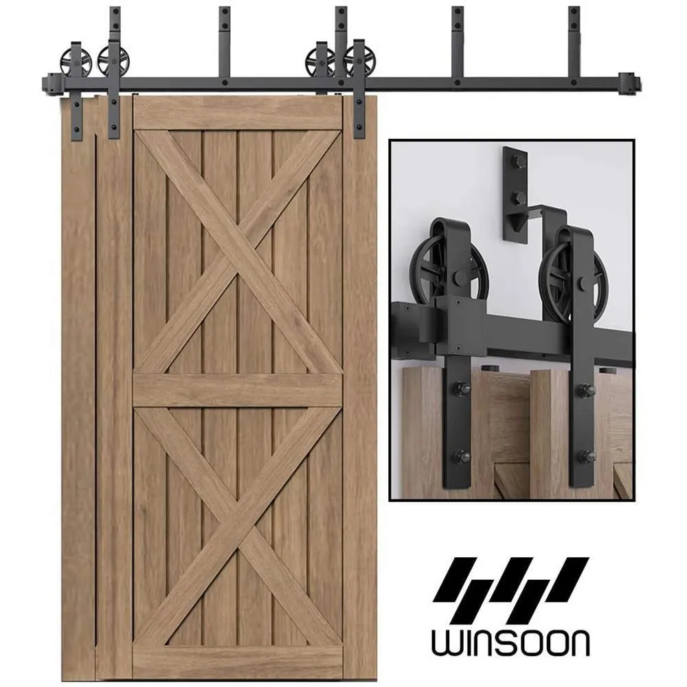 WINSOON 12 ft./144 in. Black Sliding Bypass Barn Door Hardware Track Kit for Double Doors with Non-Routed Floor Guide, photo 2 of 7
