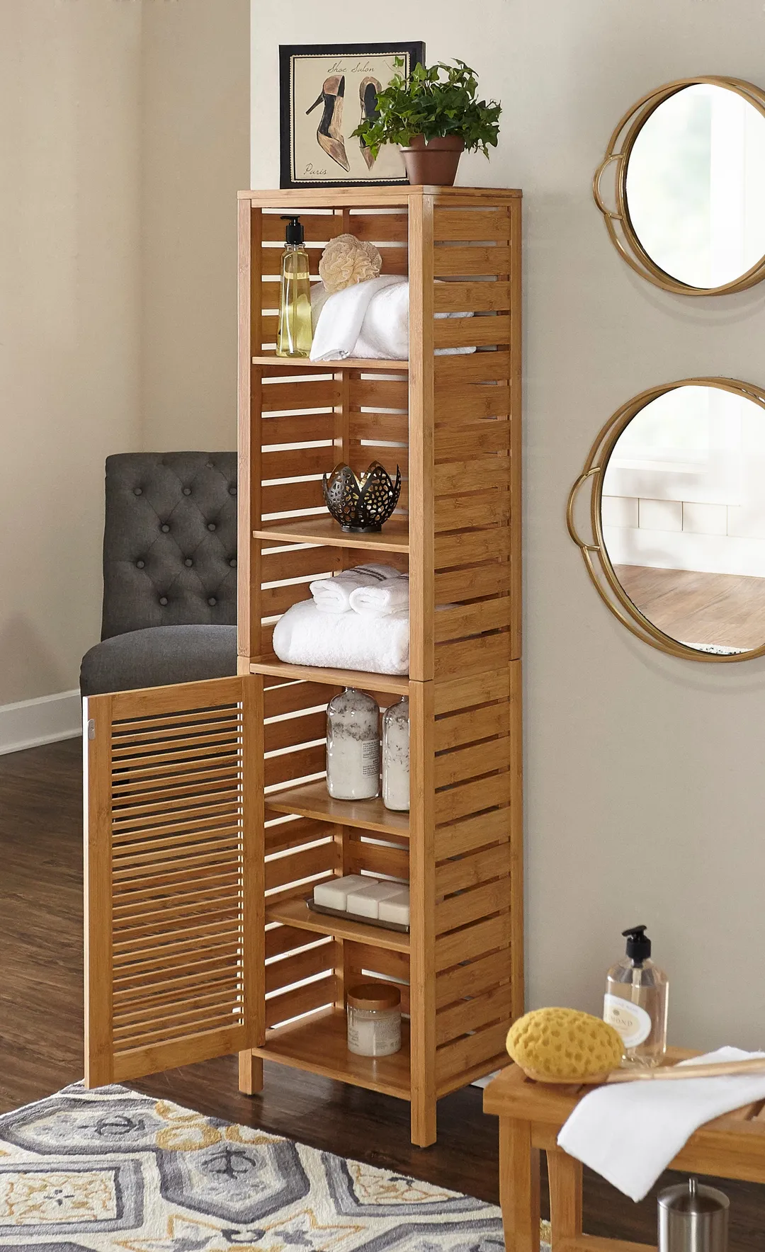 Linon Bracken Tall Cabinet 16-in x 61.75-in x 11-in Natural Bamboo Wood Freestanding Linen Cabinet, photo 4 of 10