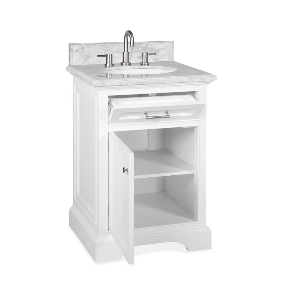 Windlowe 25 in. W x 22 in. D x 35 in. H Bath Vanity in White with Carrera Marble Vanity Top in White with White Sink, photo 3 of 21