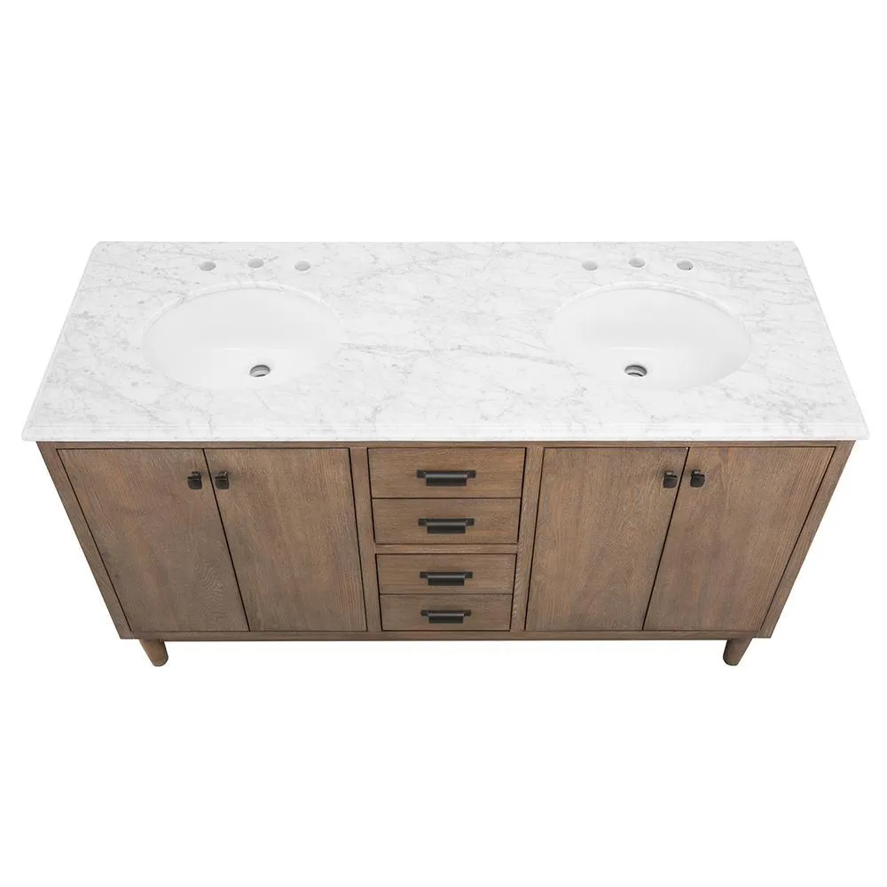Brisbane 61 in. W x 22 in. D Double Bath Vanity in Weathered Grey Oak with Natural Marble Vanity Top in White, photo 3 of 11