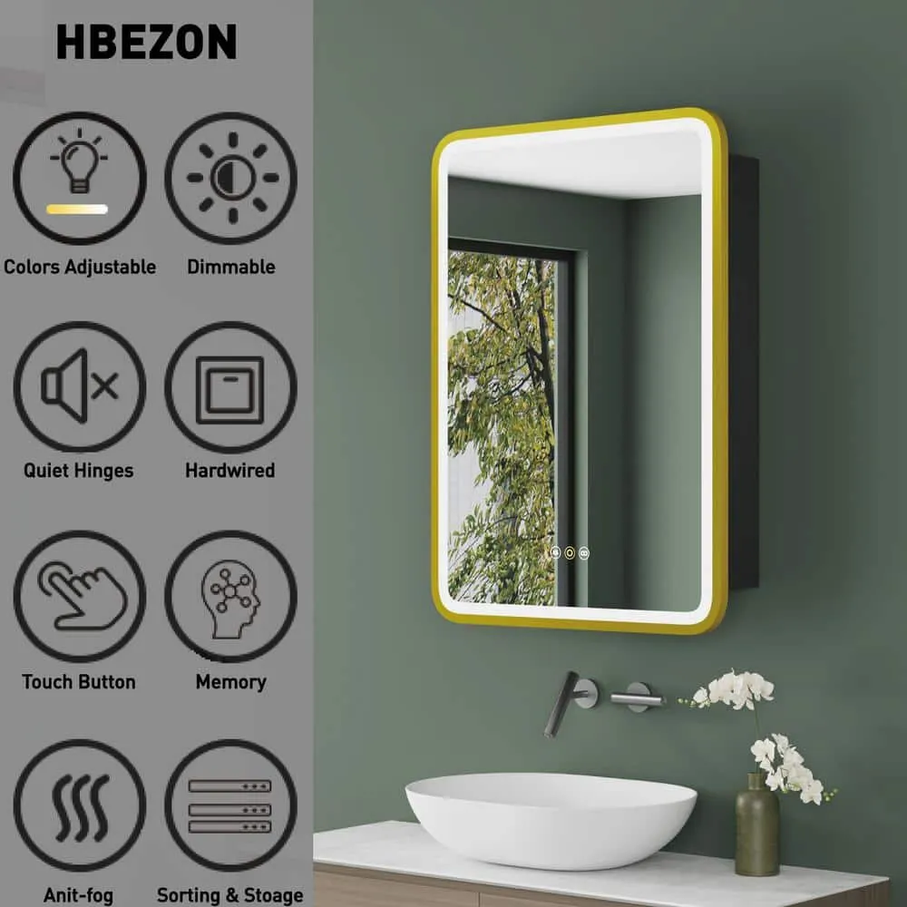 HBEZON Thalia 16 in. W x 28 in. H Rectangular Iron Black Recessed Medicine Cabinet with Mirror, LED Lighting, Anti-fog, photo 2 of 7