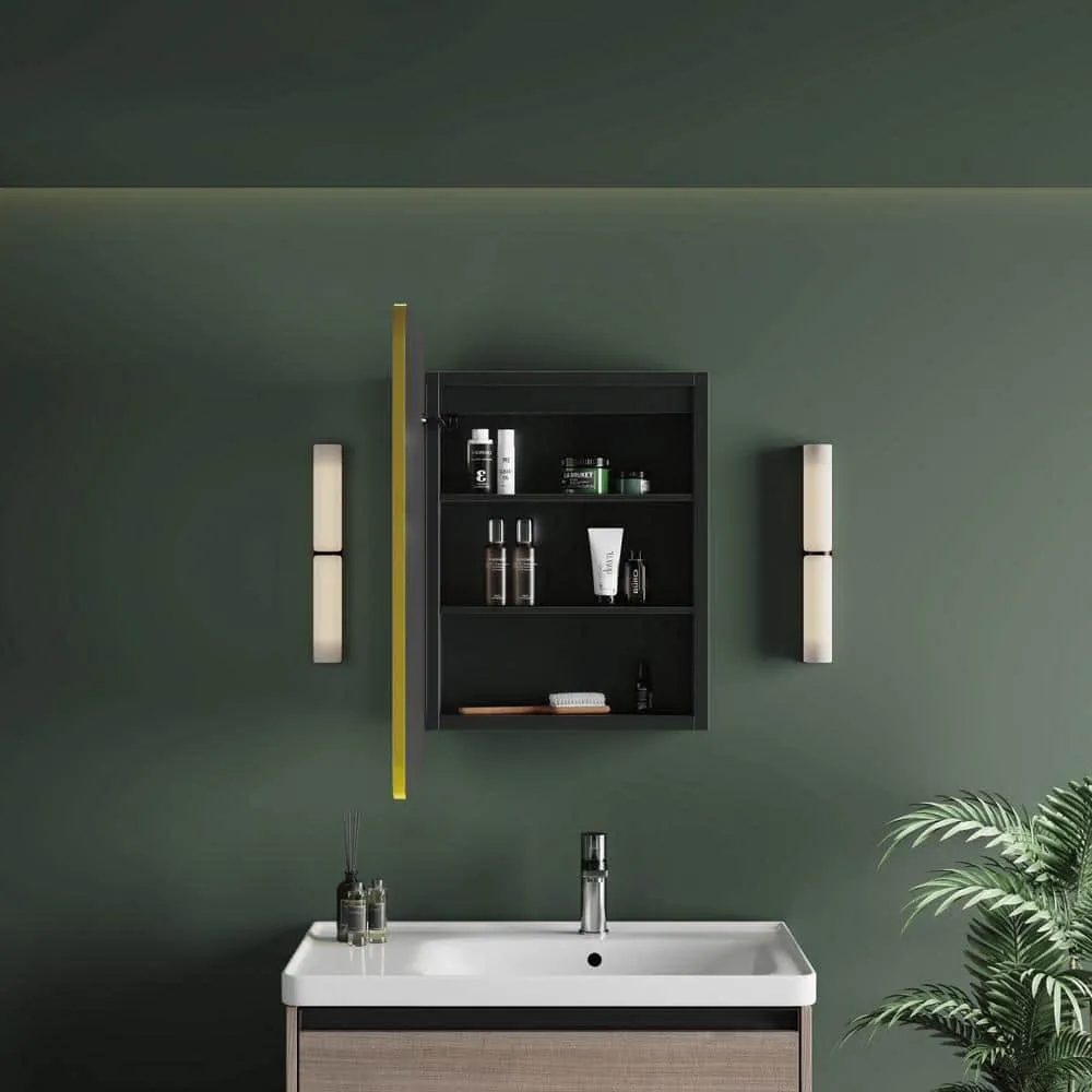 HBEZON Thalia 16 in. W x 28 in. H Rectangular Iron Black Recessed Medicine Cabinet with Mirror, LED Lighting, Anti-fog, photo 6 of 7