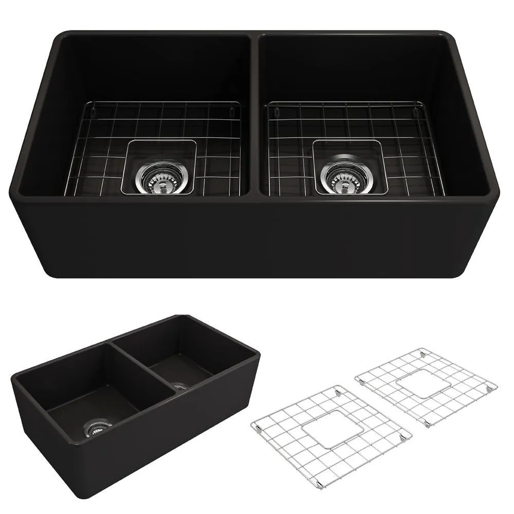 Classico Farmhouse Apron Front Fireclay 33 in. Double Bowl Kitchen Sink with Bottom Grid and Strainer in White, photo 15 of 15