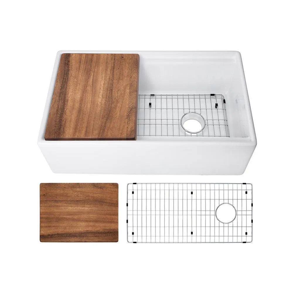Fireclay 33 in. Single Bowl Farmhouse Apron Front Reversible Kitchen Sink in White with Cutting Board and Grid, photo 14 of 16