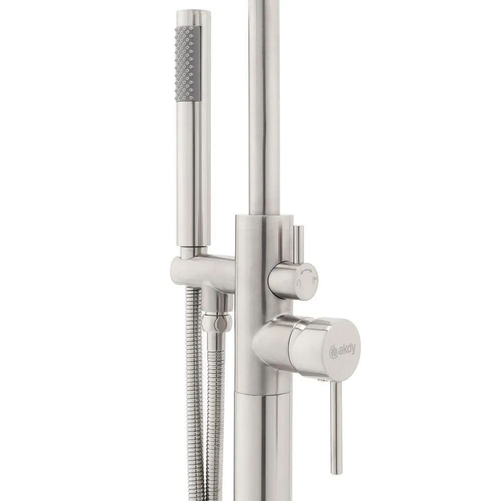 1-Handle Freestanding Floor Mount Tub Faucet Bathtub Filler with Hand Shower in Brush Nickel, photo 2 of 8