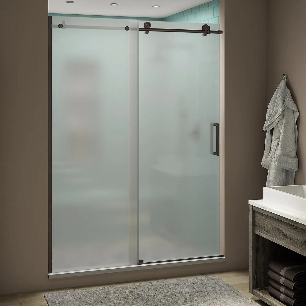 Coraline XL 56 - 60 in. x 80 in. Frameless Sliding Shower Door with StarCast Clear Glass in Brushed Gold Right Hand, photo 6 of 22