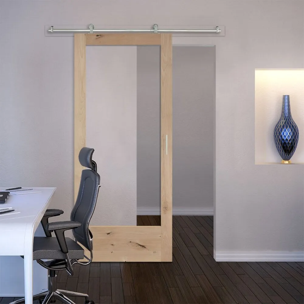 Masonite Traditional 36-in x 84-in Natural Unfinished Knotty Alder Wood Single Barn Door with Clear Glass (Slab Only), photo 2 of 6