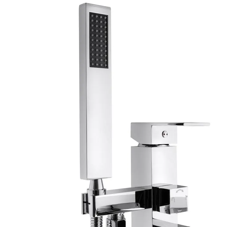 1-Handle Freestanding Floor Mount Roman Tub Faucet Bathtub Filler with Waterfall Style and Hand Shower in Chrome, photo 2 of 10