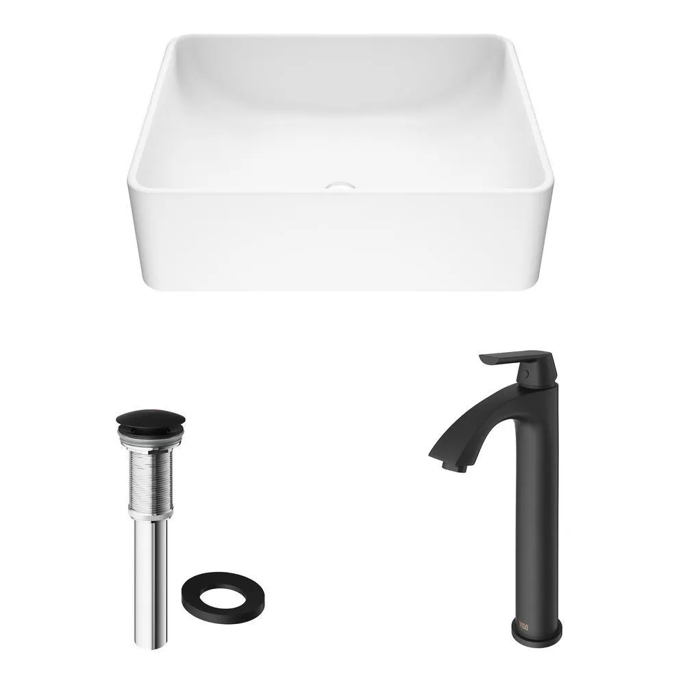 Amaryllis White Matte Stone Vessel Bathroom Sink Set with Linus Vessel Faucet in Matte Black, photo 4 of 12