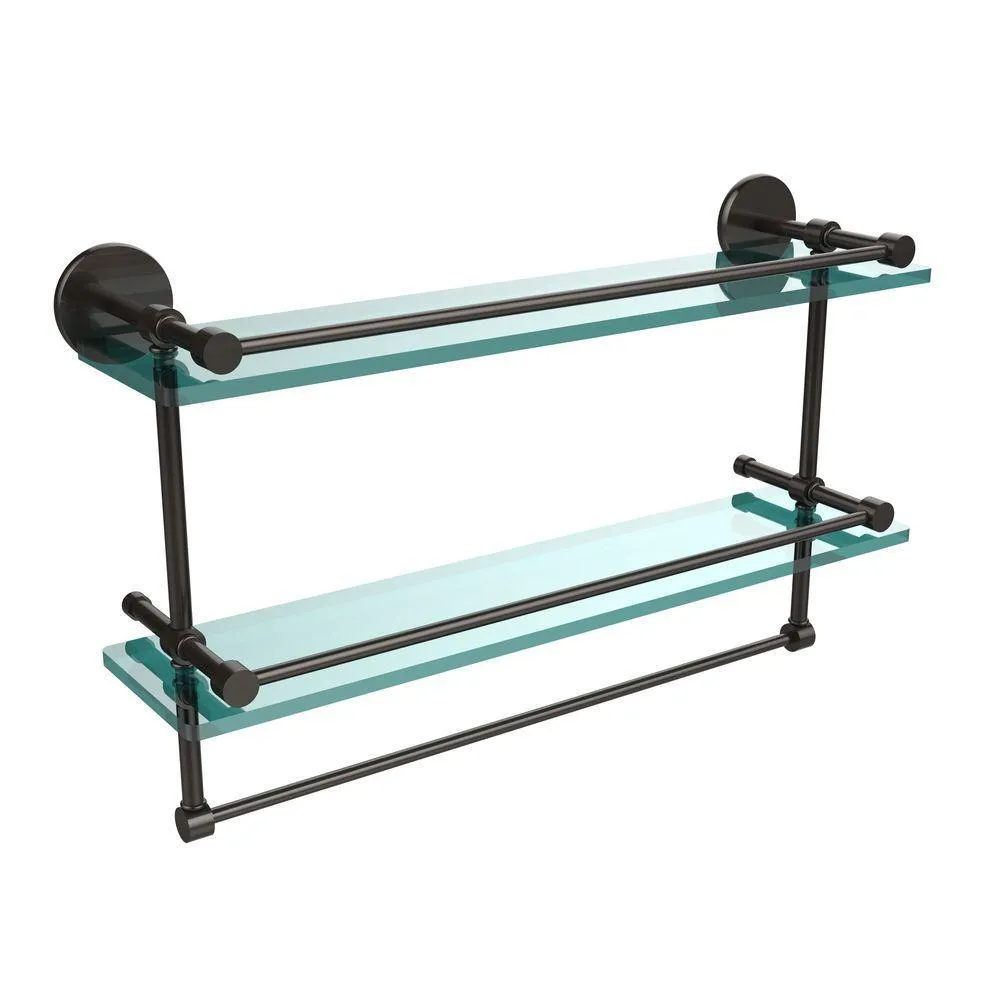 Allied Brass 22 in. L x 12 in. H x 5 in. W 2-Tier Clear Glass Bathroom Shelf with Towel Bar in Polished Chrome, photo 10 of 15