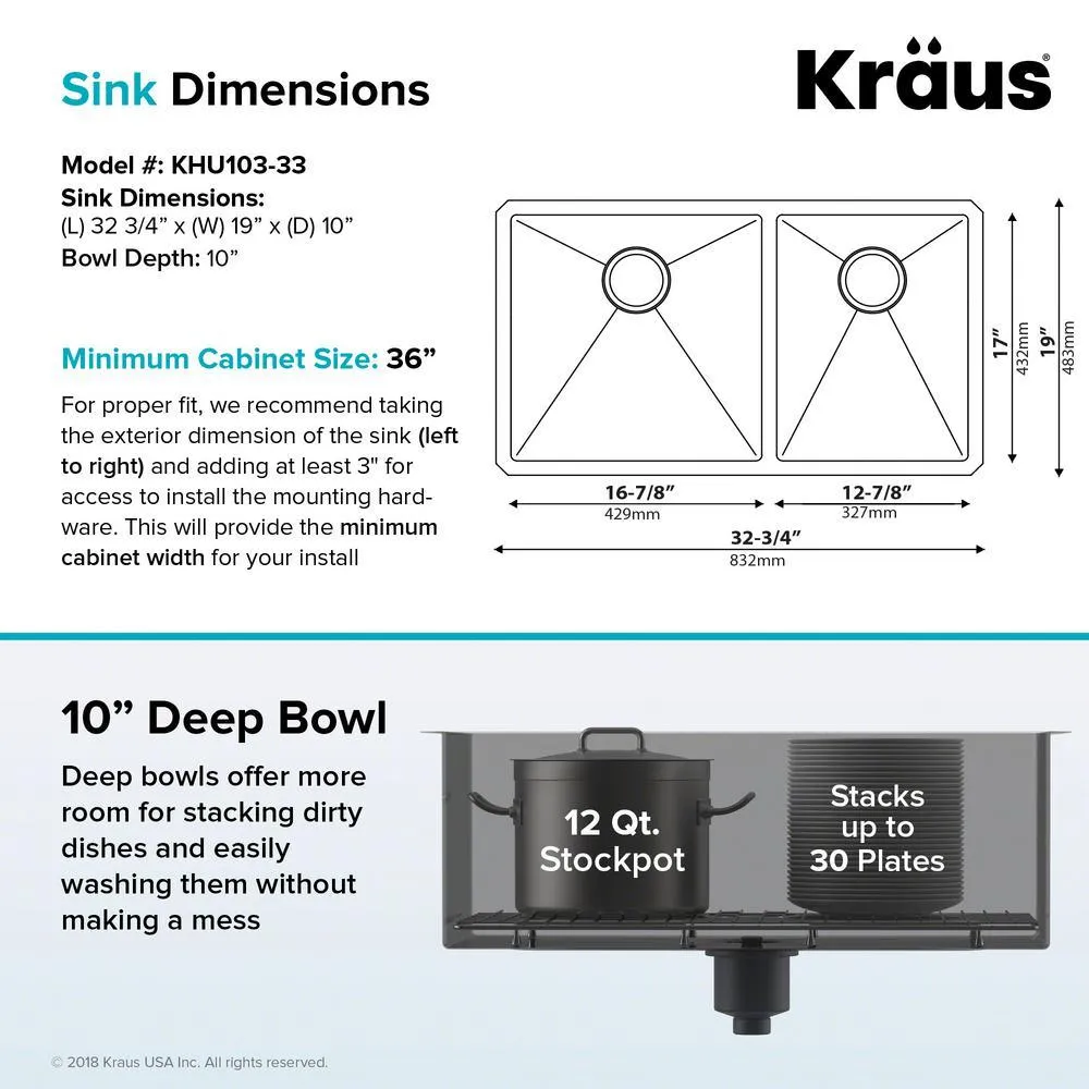 Standart PRO 33in. 16 Gauge Undermount 60/40 Double Bowl Stainless Steel Kitchen Sink, photo 5 of 13
