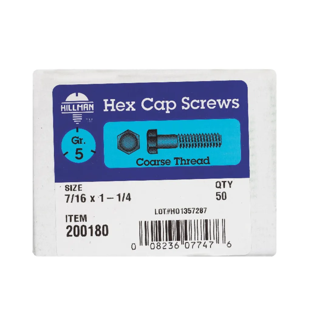 Hillman 7/16 in. Dia x 1-1/4 in. L Grade 5 Heat-Treated Zinc Steel Hex Head Cap Screws, Coarse Thread, 50-Pack, photo 2 of 2