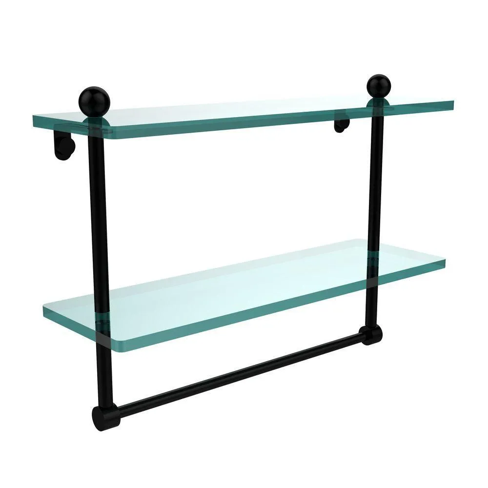 Allied Brass 16 in. L x 12 in. H x 5 in. W 2-Tier Clear Glass Bathroom Shelf with Towel Bar in Satin Nickel, photo 8 of 14