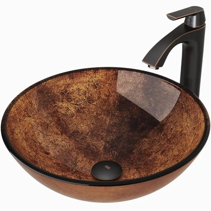 VIGO Glass Vessel Bathroom Sink in Russet and Linus Faucet Set in Antique Rubbed Bronze, photo 10 of 11