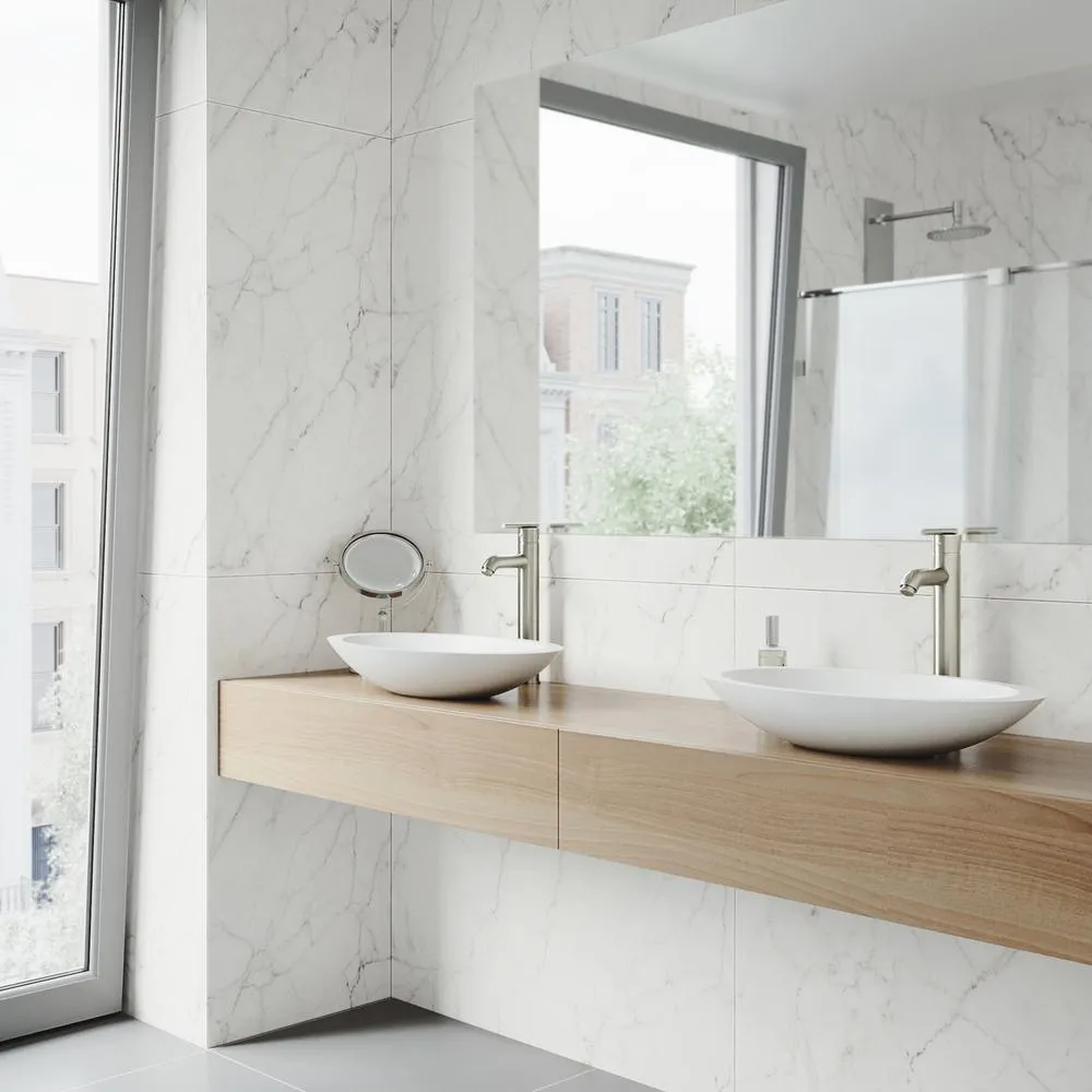 Wisteria Round Matte Stone Vessel Bathroom Sink in White with Seville Vessel Faucet in Brushed Nickel, photo 2 of 15