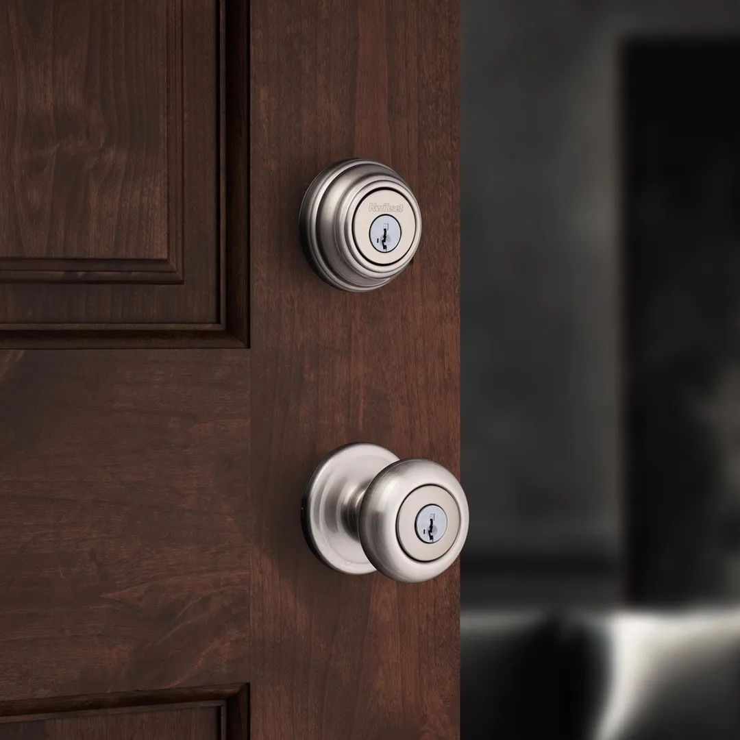 Kwikset SmartKey Juno Satin Nickel Knob and Single Cylinder Deadbolt, ANSI/BHMA Grade 2, KW1, 1-3/4 in., photo 2 of 8