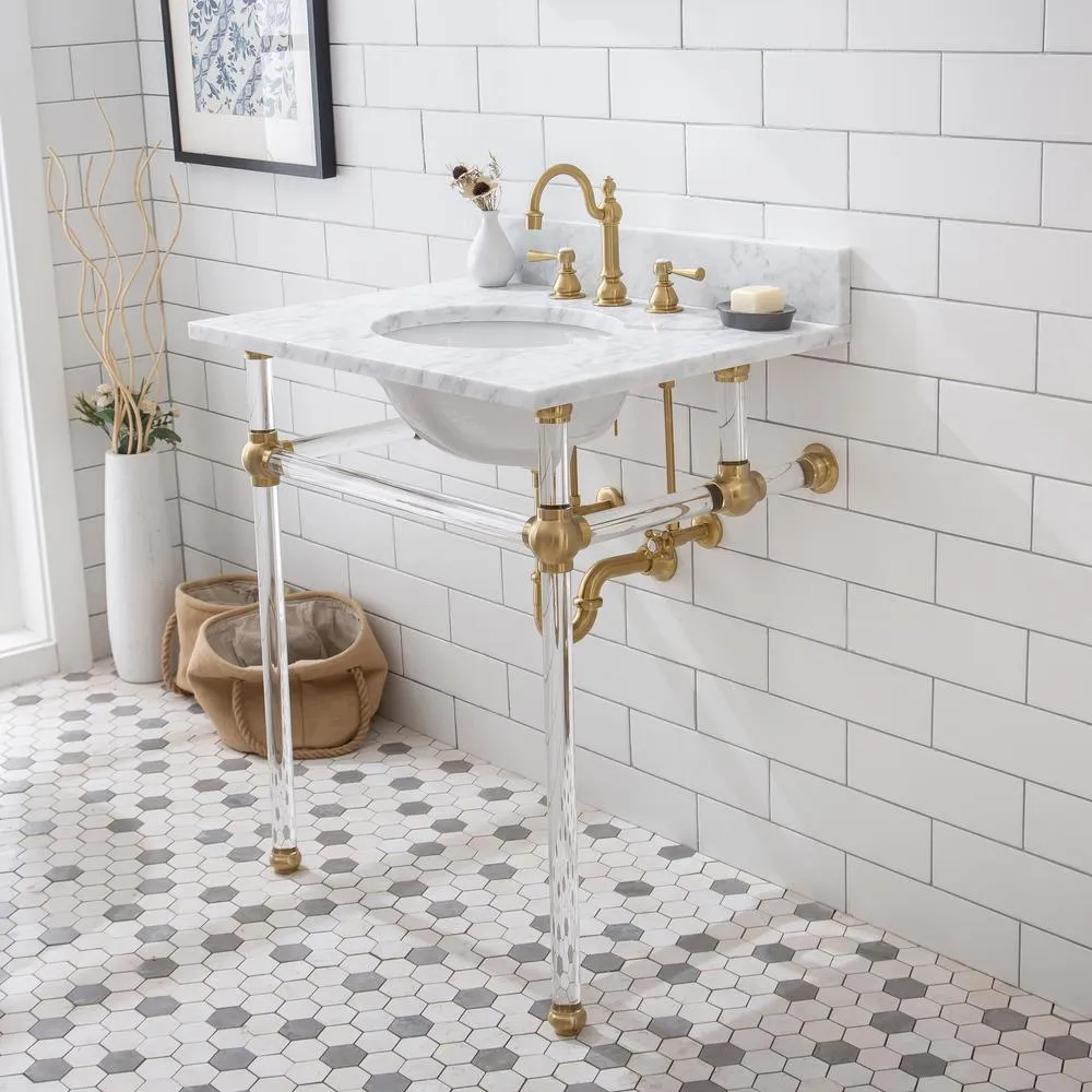 Water Creation Empire 30 in. Acrylic Wash Stand with Satin Brass P-Trap Kit, Faucet, Marble Counter Top, and White Basin, photo 4 of 8