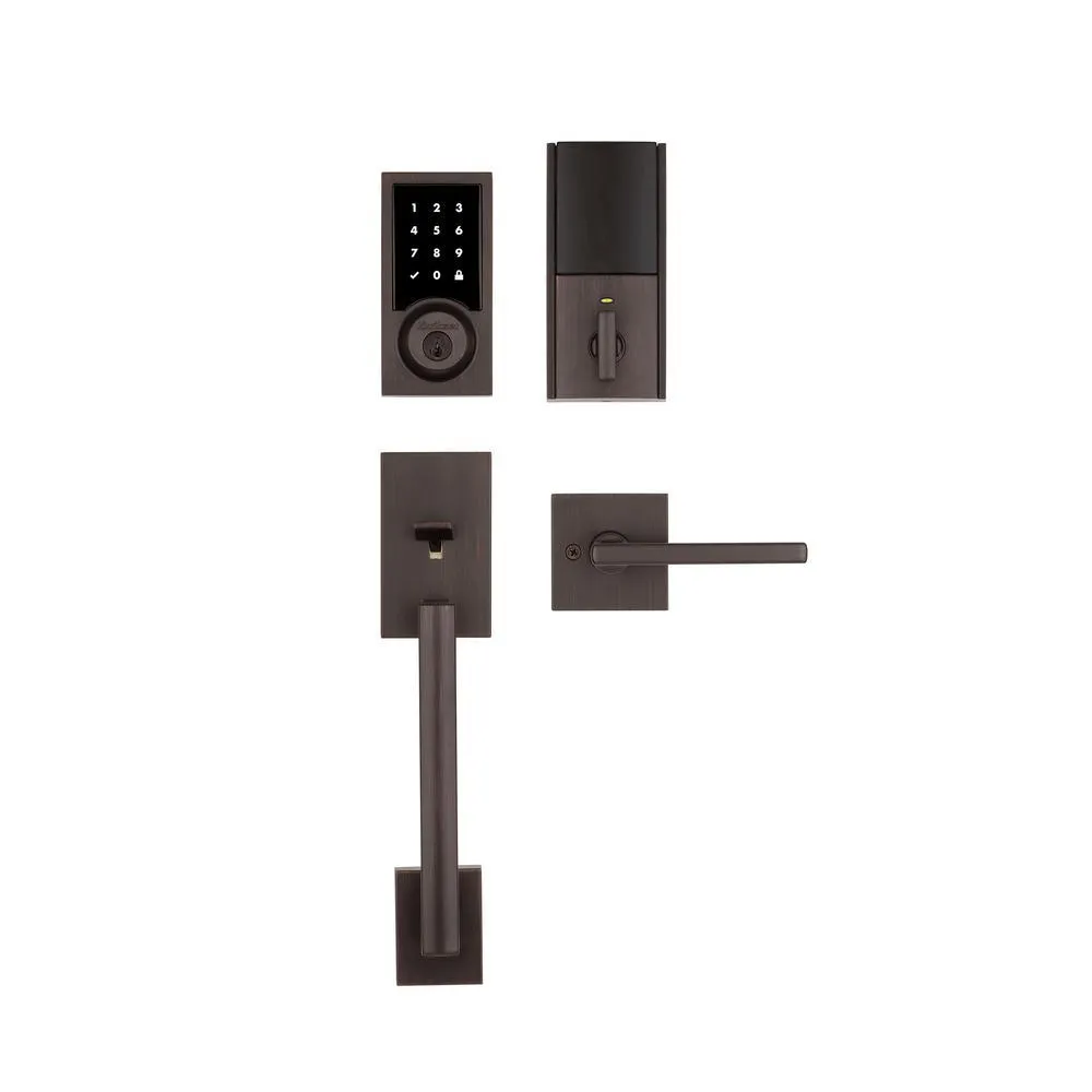 Kwikset SmartCode 915 Contemporary Venetian Bronze Electronic Deadbolt with San Clemente Handle Set and Halifax Interior Lever, photo 3 of 11