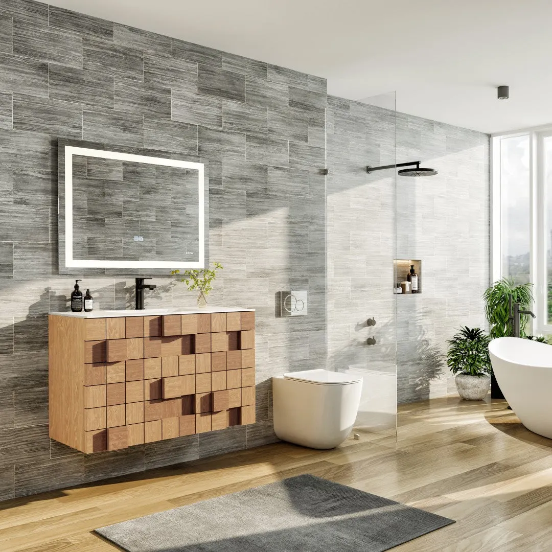 Eviva Mosaic 33"W x 20"D Natural Oak Wall Mount Bathroom Vanity with White Solid Surface Countertop and Integrated Sink, photo 7 of 7