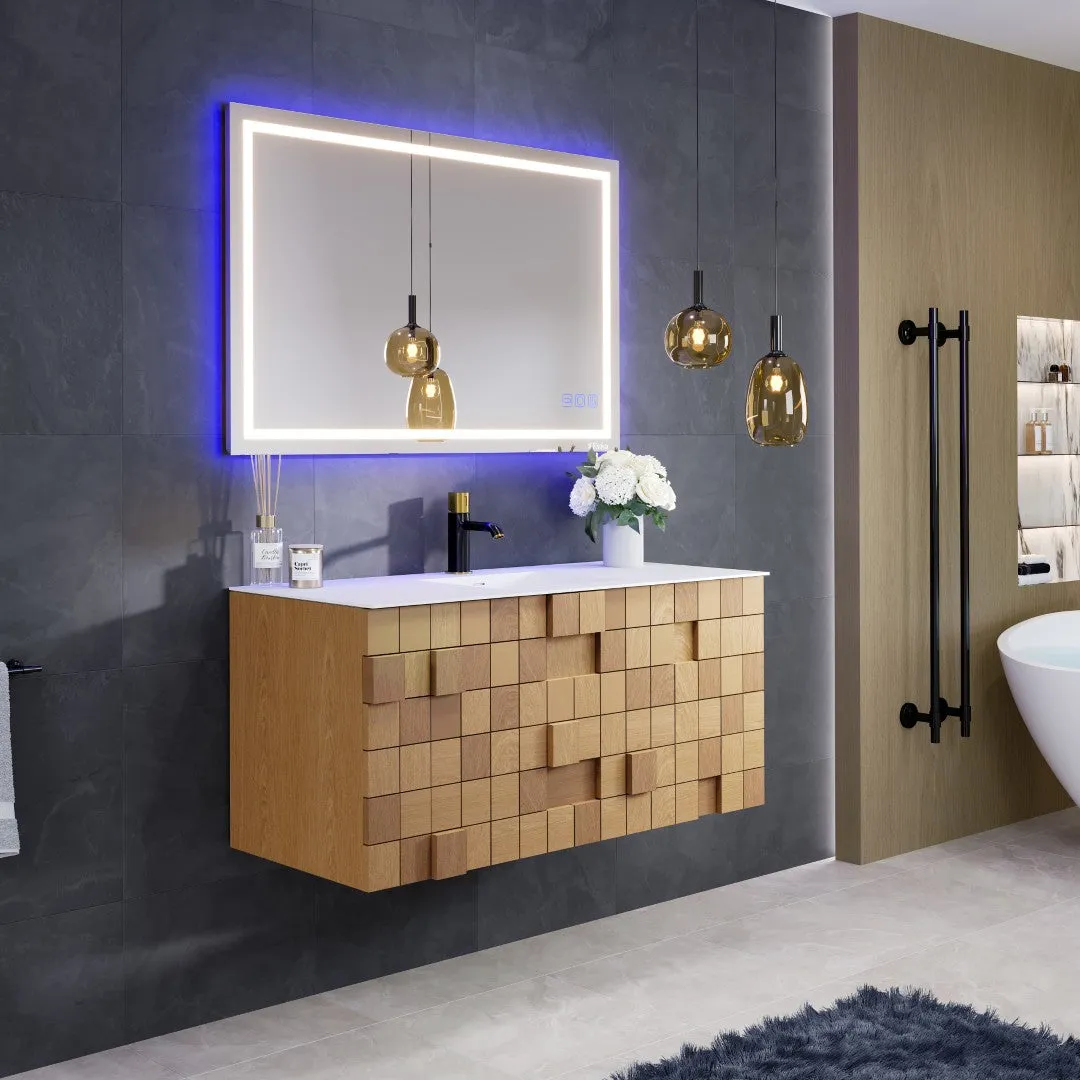 Eviva Mosaic 49"W x 20"D Natural Oak Wall Mount Bathroom Vanity with White Solid Surface Countertop and Integrated Sink, photo 2 of 7