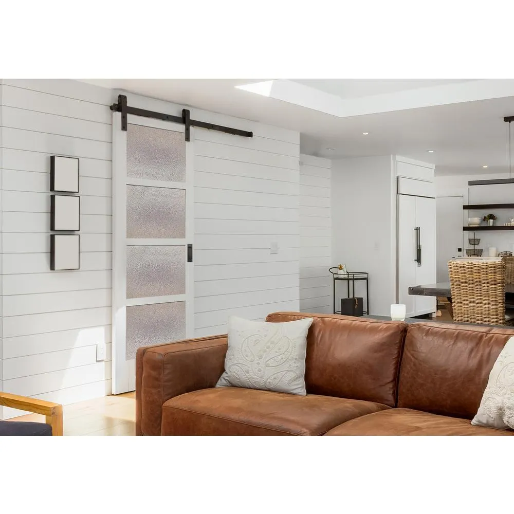 Pacific Entries Farmhouse Series 30 in.x 84 in. 4-Lite Mistlite Glass White Primed Wood Interior Sliding Barn Door w/Bronze Hardware Kit, photo 3 of 3