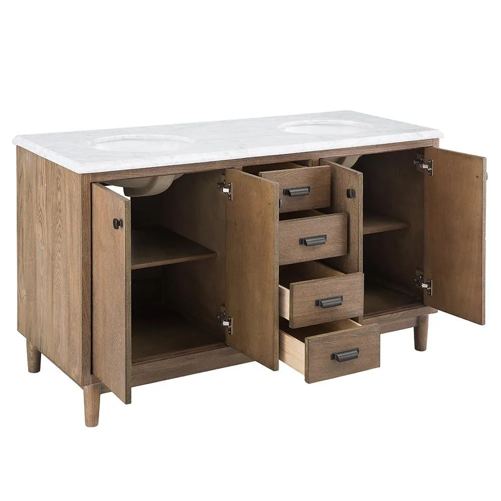 Brisbane 61 in. W x 22 in. D Double Bath Vanity in Weathered Grey Oak with Natural Marble Vanity Top in White, photo 6 of 11