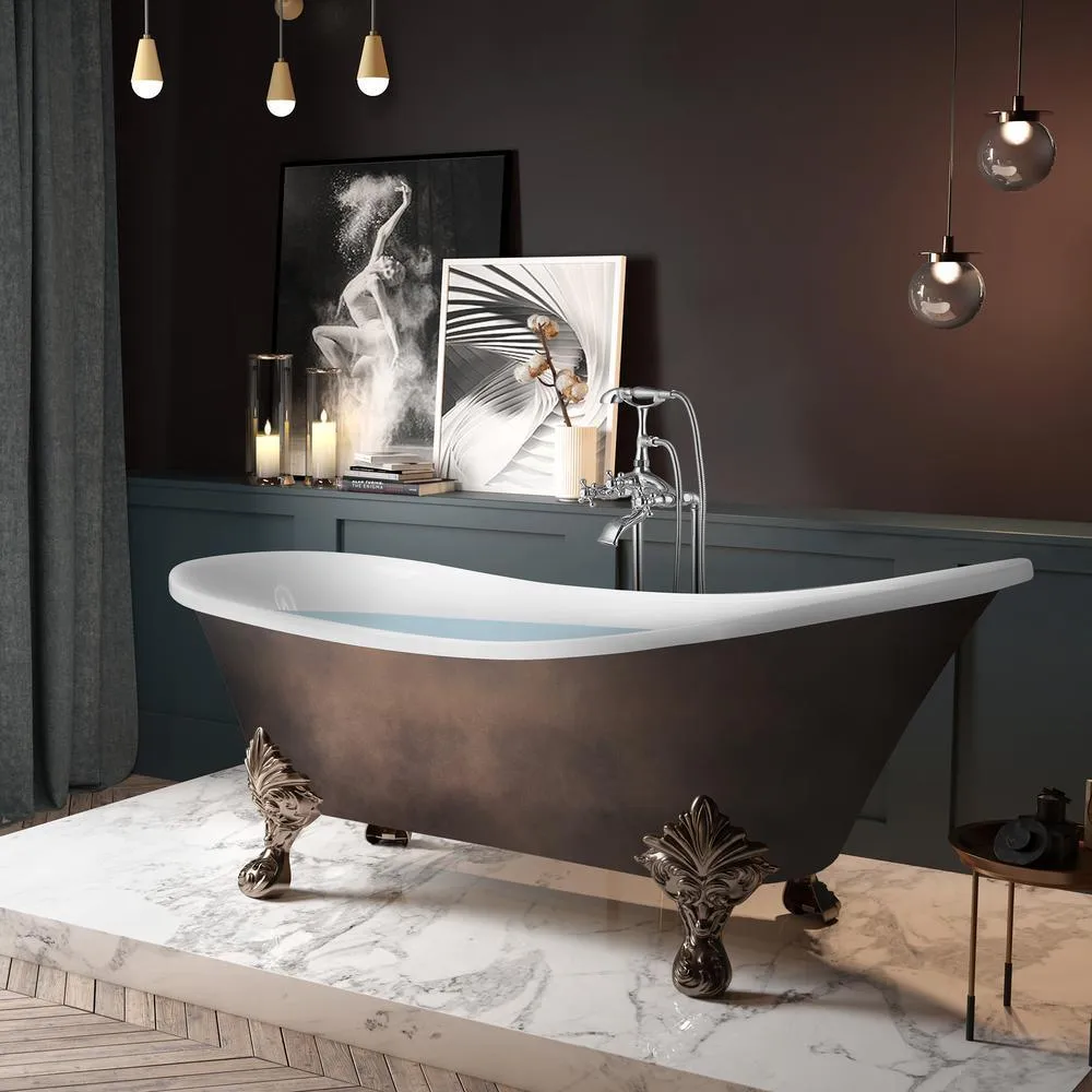 69 in. Acrylic Double Slipper Clawfoot Non-Whirlpool Bathtub in Matte Antique Brass, photo 2 of 9