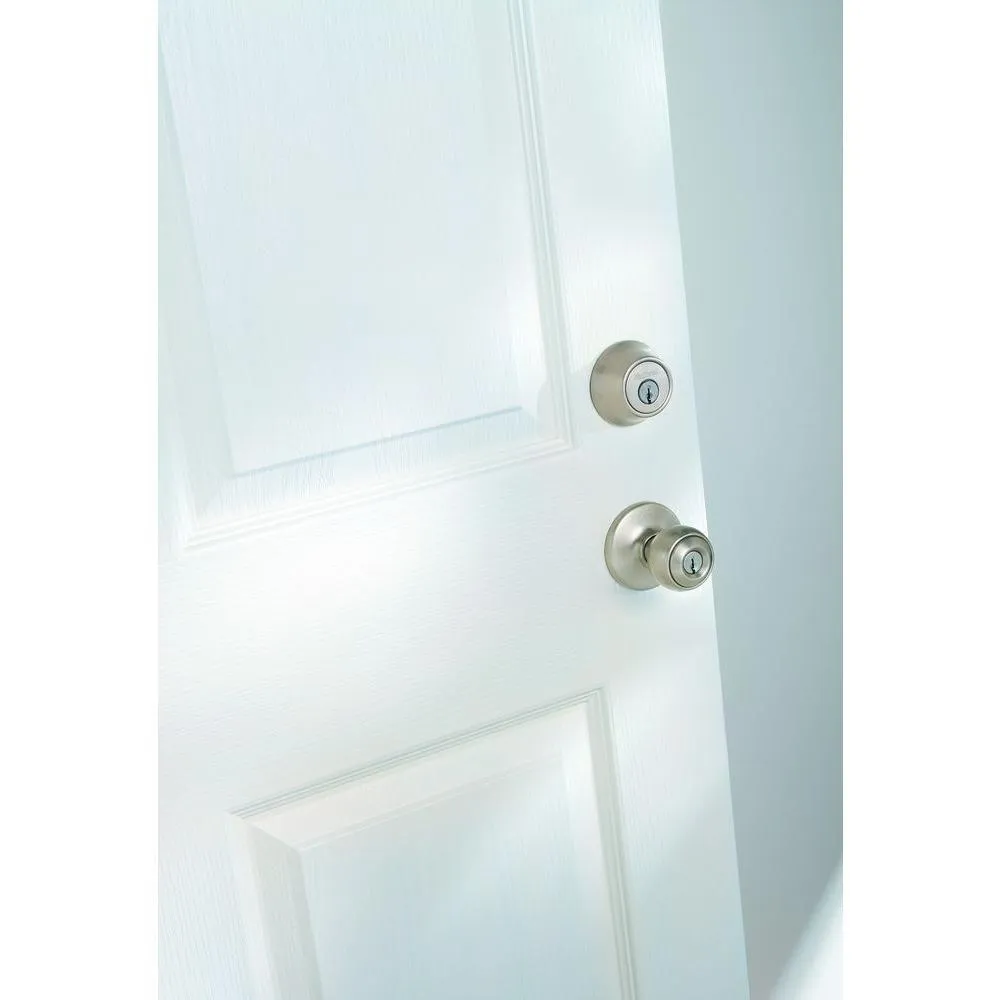 Kwikset Polo Satin Nickel Entry Door Knob and Single Cylinder Deadbolt Combo Pack with Microban Antimicrobial Technology, photo 4 of 5