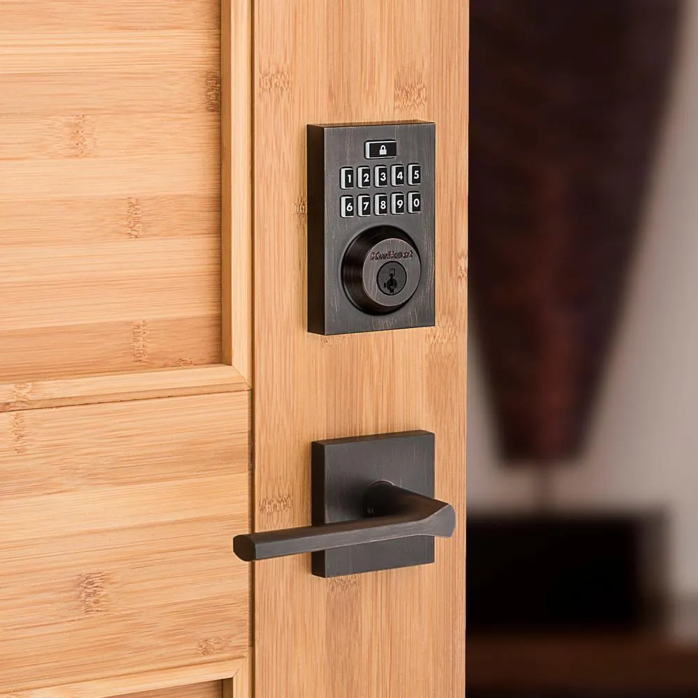 Kwikset SmartCode 913 Contemporary Venetian Bronze Single Cylinder Electronic Deadbolt with Halifax Hall/Closet Lever, photo 3 of 7