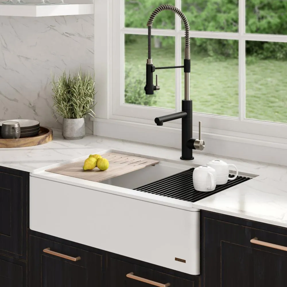 Bellucci 33in. CeramTek Granite/Quartz Composite Farmhouse ApronFront Single Bowl Kitchen Sink w/ Cutting Board in White, photo 5 of 16