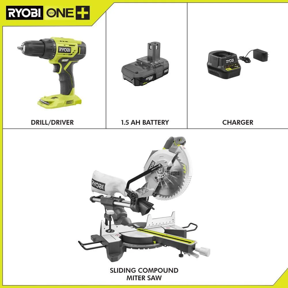 RYOBI 15 Amp 10 in. Sliding Compound Miter Saw and 18-Volt Cordless ONE+ 1/2 in. Drill/Driver Kit w/(1)1.5 Ah Battery, Charger, photo 2 of 15