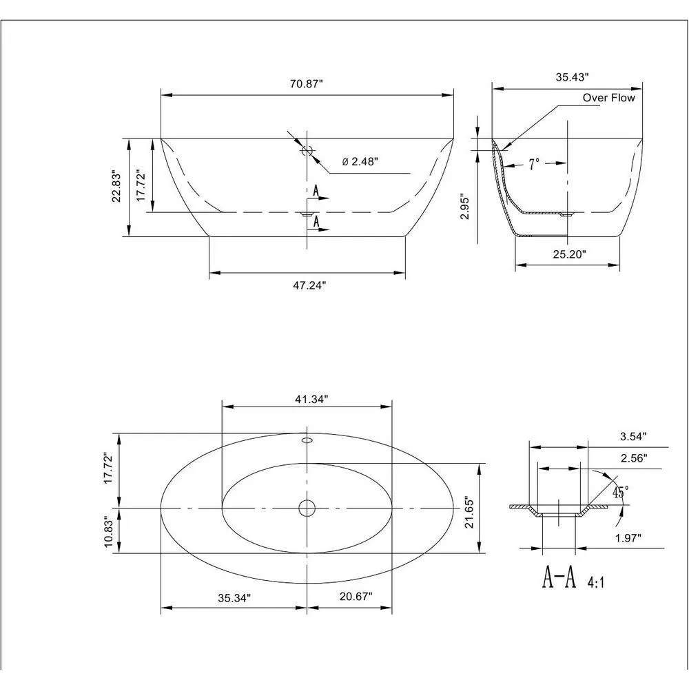 Empava 71 in. Acrylic Stand Alone Flatbottom Freestanding Bathtub Soaking SPA Tub Modern Style in White, photo 4 of 6